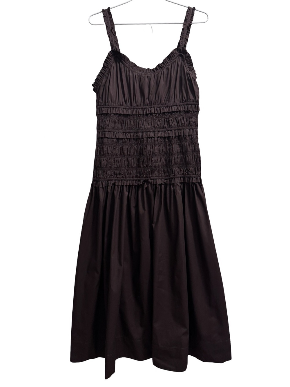Caroline Constas Marianne Smocked Nap Dress 100% Cotton Chocolate Brown Large